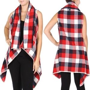Womens Plaid Shawl Open Flyaway Front Vest | Red